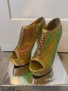 Gold Holographic Woven Peep-Toe Platform Booties